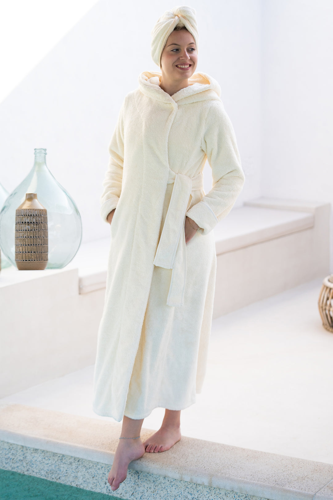 Luxus Bademantel Deluxe extra lang mit Kapuze - Damen und Herren Bio Baumwolle Sauna & Spa